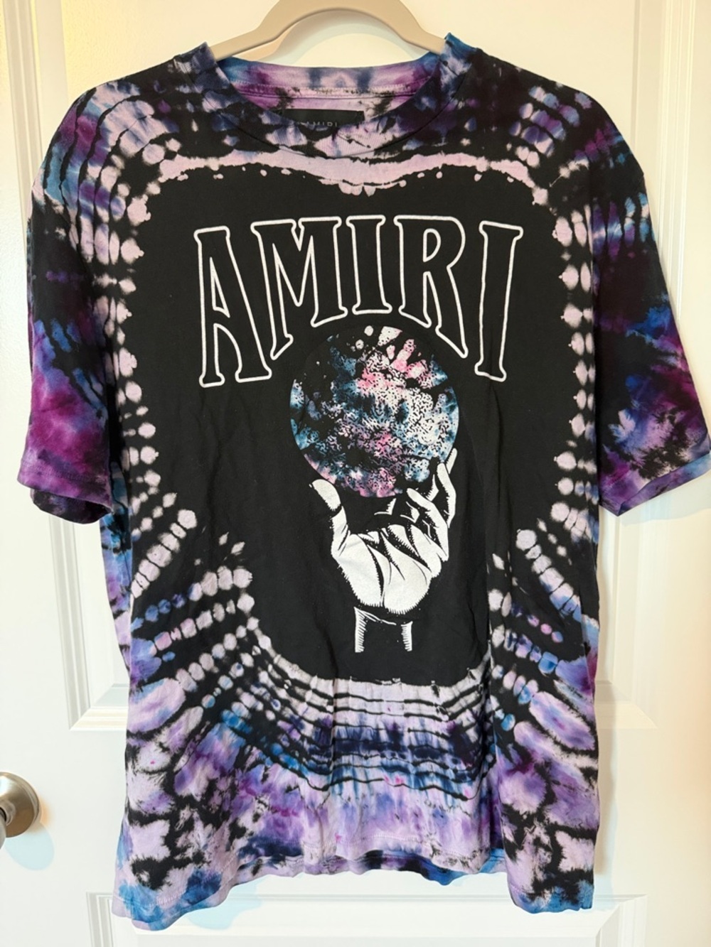AMIRI Black Tie-Dye Graphic Tee with Purple & Blue Accents